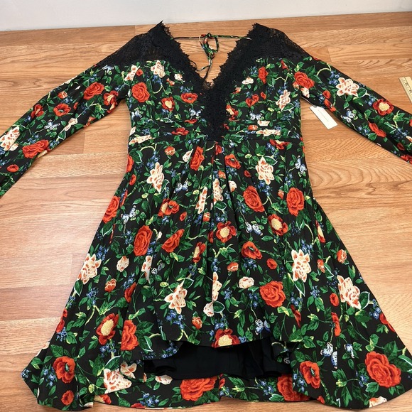 Anthropologie Lacy V-Neck Black Floral Mini Dress Long Sleeve Size 16 NEW - Picture 2 of 11